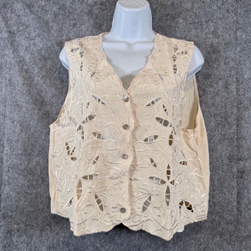Vtg Cutout Floral Silk Vest Womens 12P‎ Embroidered Cream Cottagecore Romantic